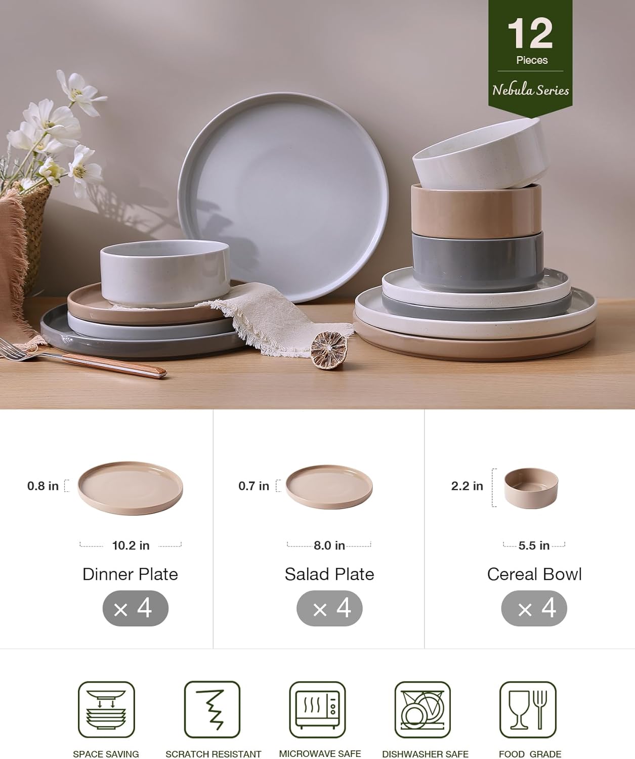 Famiware Nebula Plates and Bowls Set, 12 Pieces Dinnerware Sets, Dishes Set for 4, Multi-color