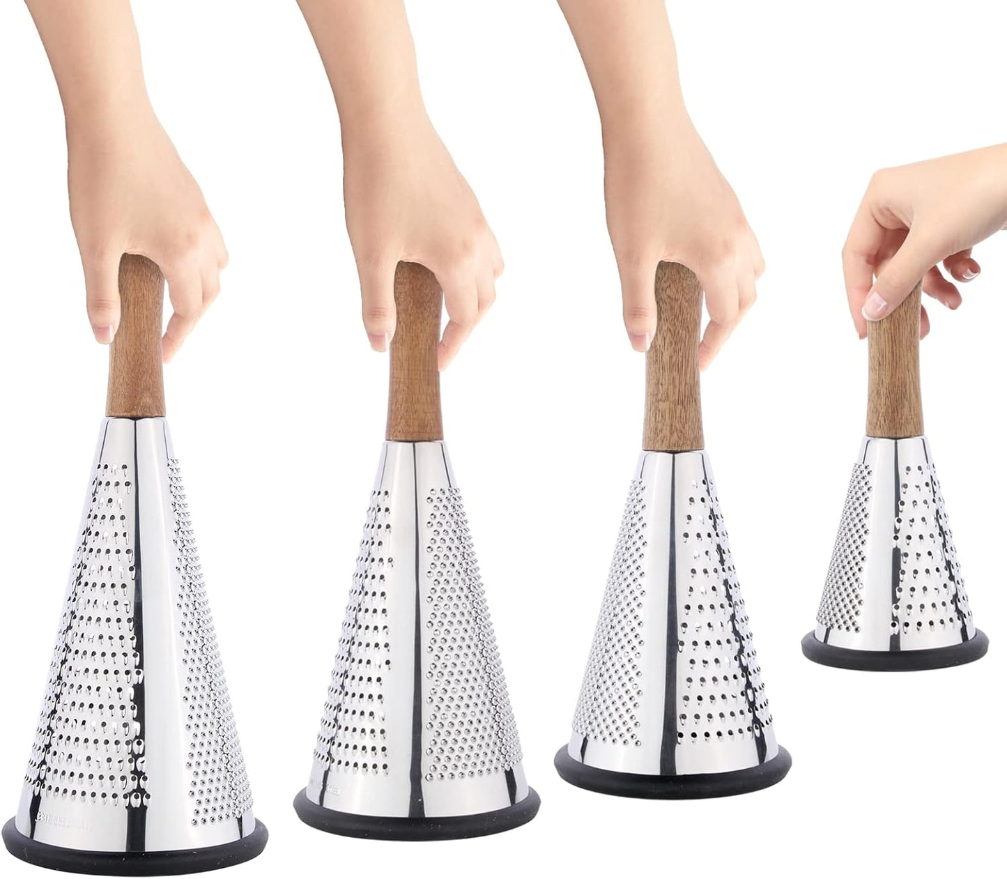 Cone Cheese Grater with Handle Stainless Steel Triple Function Wood Handle Parmesan Shaver Non-Slip Rubber Bottom Hand Held Multifunction Vegetables Cheese Grater with container (L: 10.6" X 4.7")