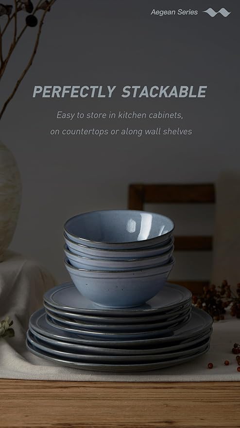 Famiware Aegean Stoneware Dinnerware Set for 8, Plates and Bowls Sets, 24 Pieces Scratch Resistant Dinner Set, Handmade Irregular Round Dishes - Microwave and Dishwasher Safe, Blue Grey