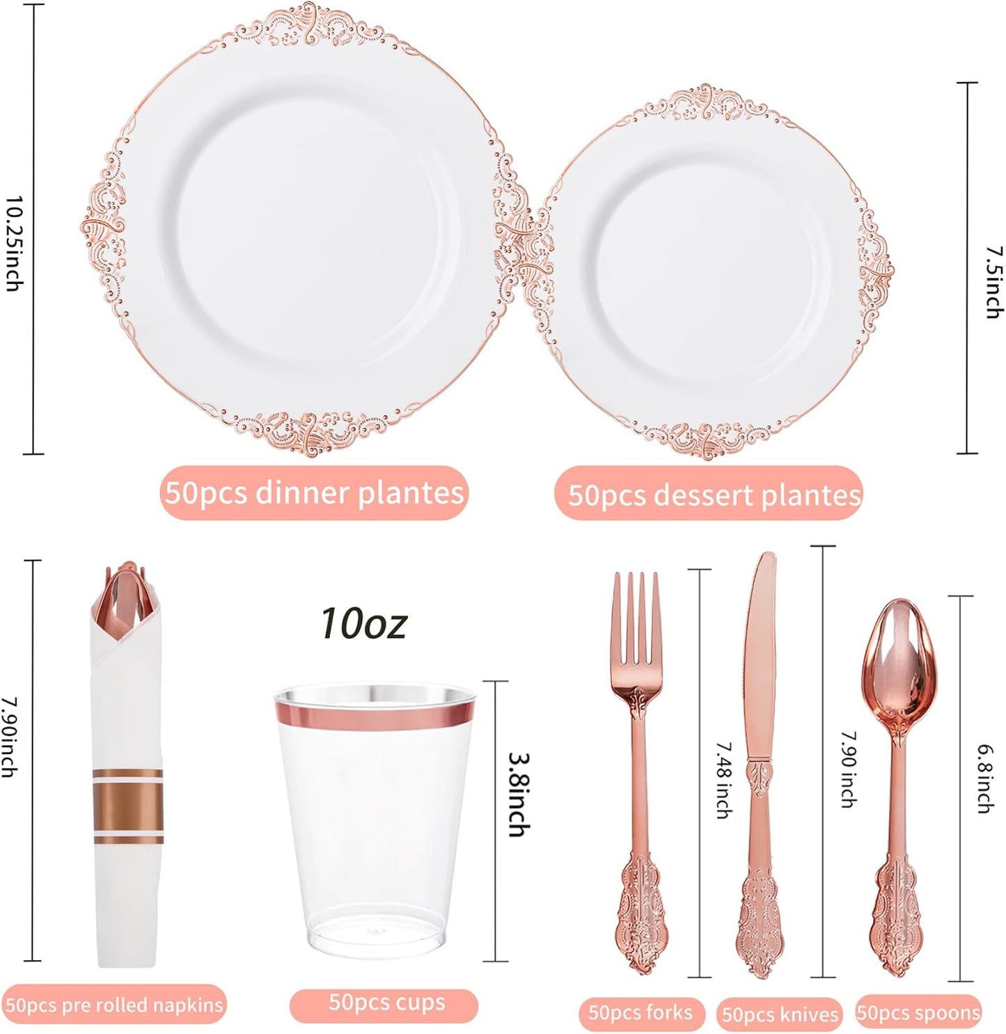 Hioasis 350pcs Rose Gold Plastic Plates - Elegant Disposable Dinnerware Set Suitable for 50 Guests Include 10.25" Dinner & 7.5" Dessert Plates, Pre Rolled Silverware Set, Cups for Party & Thanksgiving