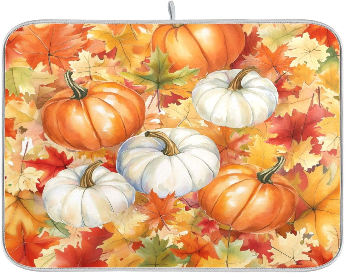 Watercolor Pumpkins Autumn Leaves Dish Drying Mat for Kitchen Counter Super Absorbent Dishes Pad Reversible Microfiber Protector Dish Draining Mats 18x24 inch