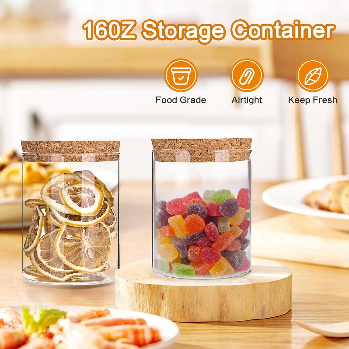 Airtight Glass Storage Containers with cork Lid, for Kitchen Pantry Organization and Storage jar，Ideal for Coffee Beans Snacks Flour Cereal Sugar Tea 16oz. (Circular 3.9 * 3.3in*2pcs)
