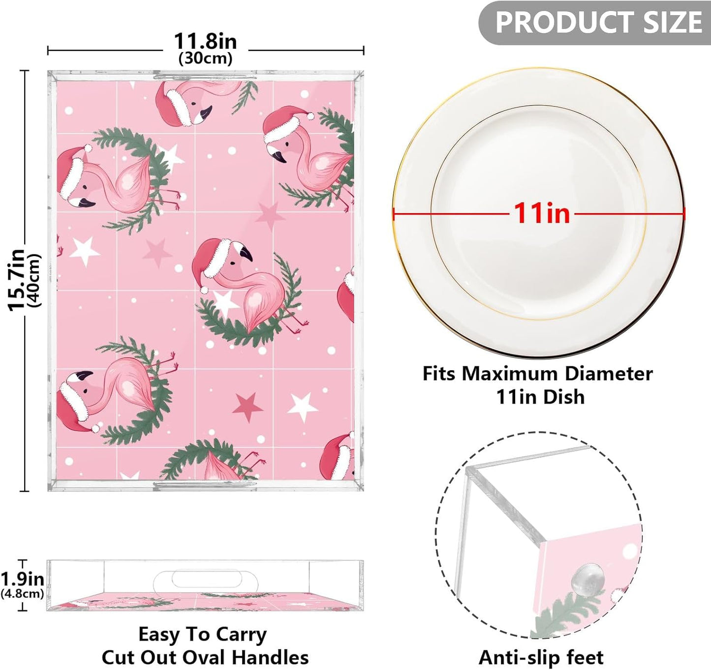 Christmas Flamingo Pink Plastic Food Serving Tray Decorative Vanity Trays for Bathroom Coffee Table Kitchen Counter 11.8 * 15.7in