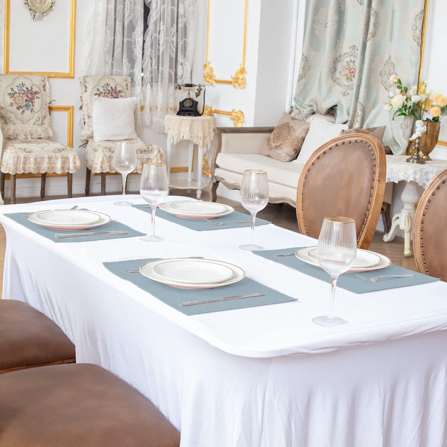 Cloth Placemats Set of 8, Linen Type Fabric Placemats Machine Washable Heat Resistant Placemats Polyester Place Mats for Halloween, Thanksgiving and Christmas Dining Table (Light Gray)