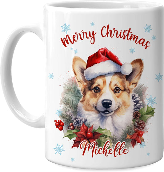 Hyturtle Personalized Gifts Dog Lover - Corgi Merry Christmas Custom Name Ceramic Coffee Mug Cup 11oz - Cute Animal Lovers Gifts For Women, Girl kids Family On Birthday, Christmas