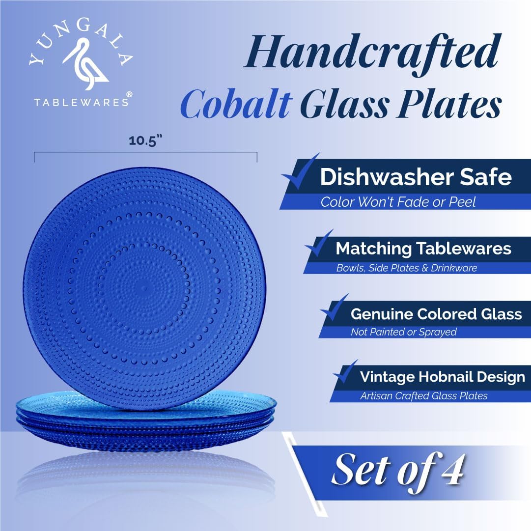 Yungala Cobalt Blue Vintage Hobnail Glass Plates – Set of 4 Authentic Pressed Glass Dinner Plates, Durable and Elegant Design that is dishwasher safe.
