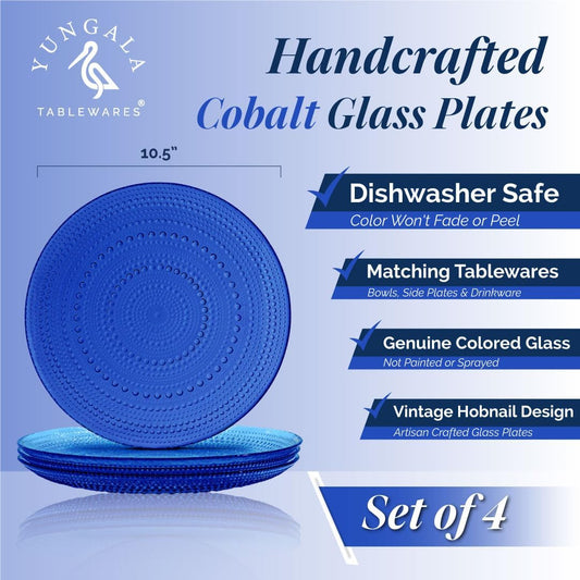 Yungala Cobalt Blue Vintage Hobnail Glass Plates – Set of 4 Authentic Pressed Glass Dinner Plates, Durable and Elegant Design that is dishwasher safe.