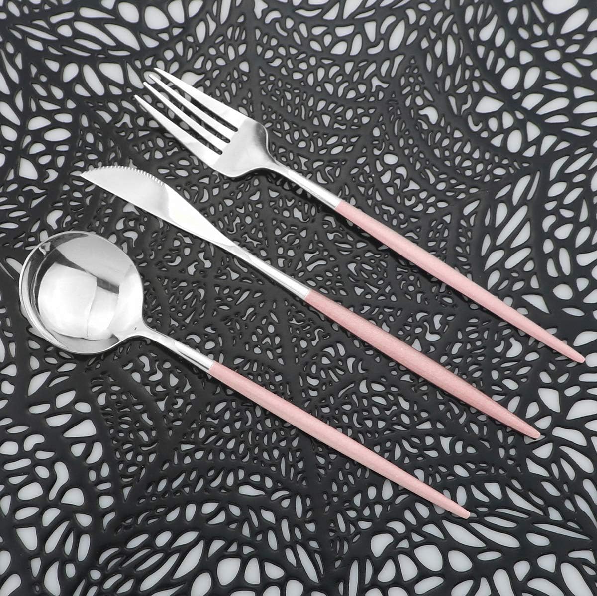 Mirror Silverware Set, 24-Piece Stainless Steel Shiny Flatware, Kitchen Utensil Set, Tableware Cutlery for Home and Restaurant, Dishwasher Safe (Pink Handle)