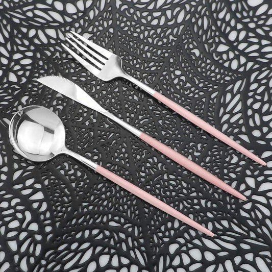 Mirror Silverware Set, 24-Piece Stainless Steel Shiny Flatware, Kitchen Utensil Set, Tableware Cutlery for Home and Restaurant, Dishwasher Safe (Pink Handle)