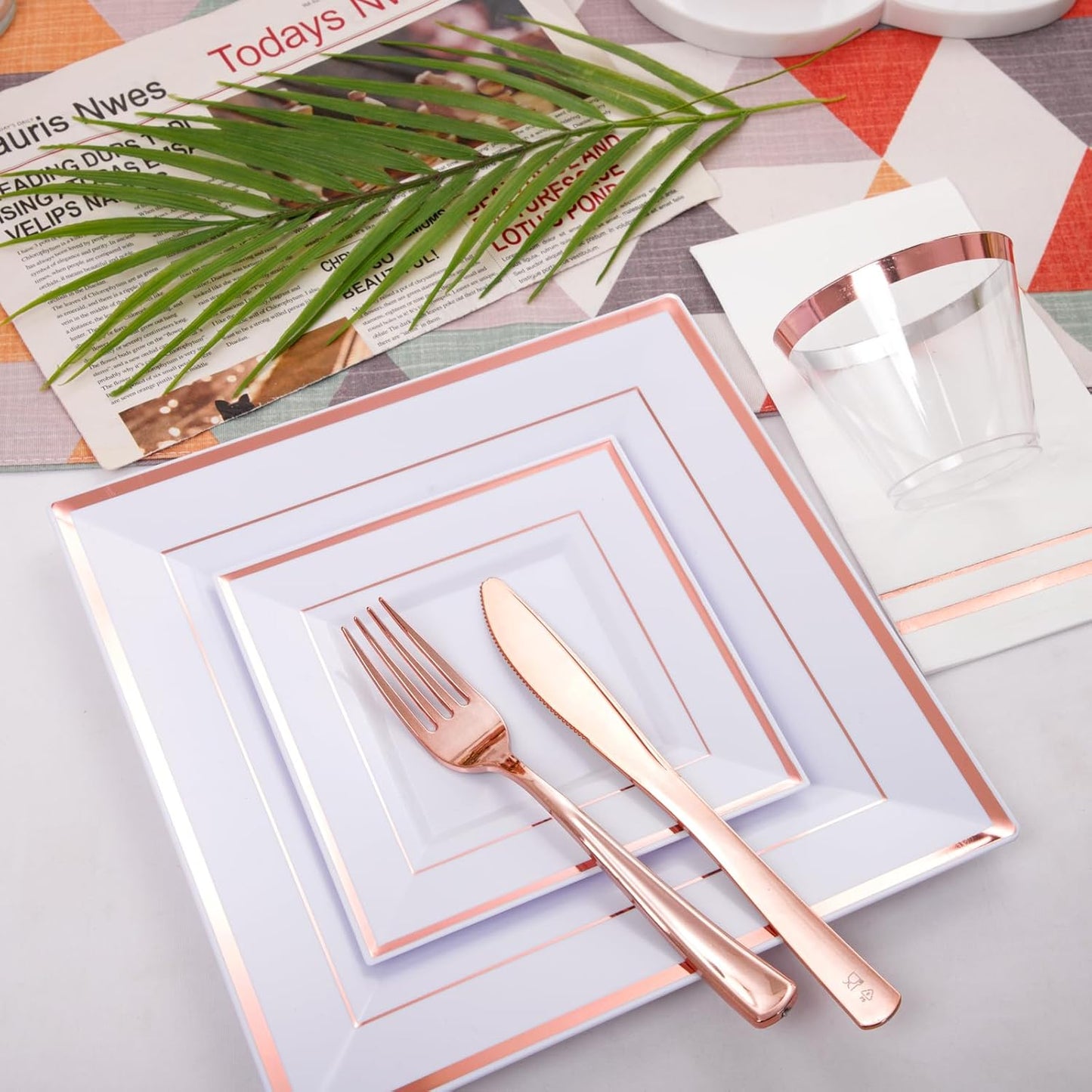 Festiva 350Pcs Rose Gold Plates and Napkins Party Supplies-Square White and Rose Gold Disposable Dinnerware include Plates Cups Cutlery Napkins for 50 Guests Wedding &Christmas Party&Mother's Day