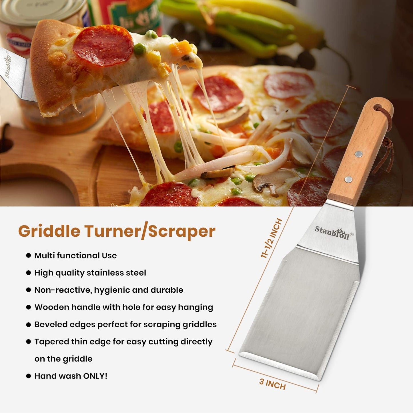 Stanbroil Large Metal Griddle Spatula Set with Long Flat Spatulas and Cast Iron Grill Press for Flat Tops, Griddles, Grills, Ovens and Stoves,Set of 4