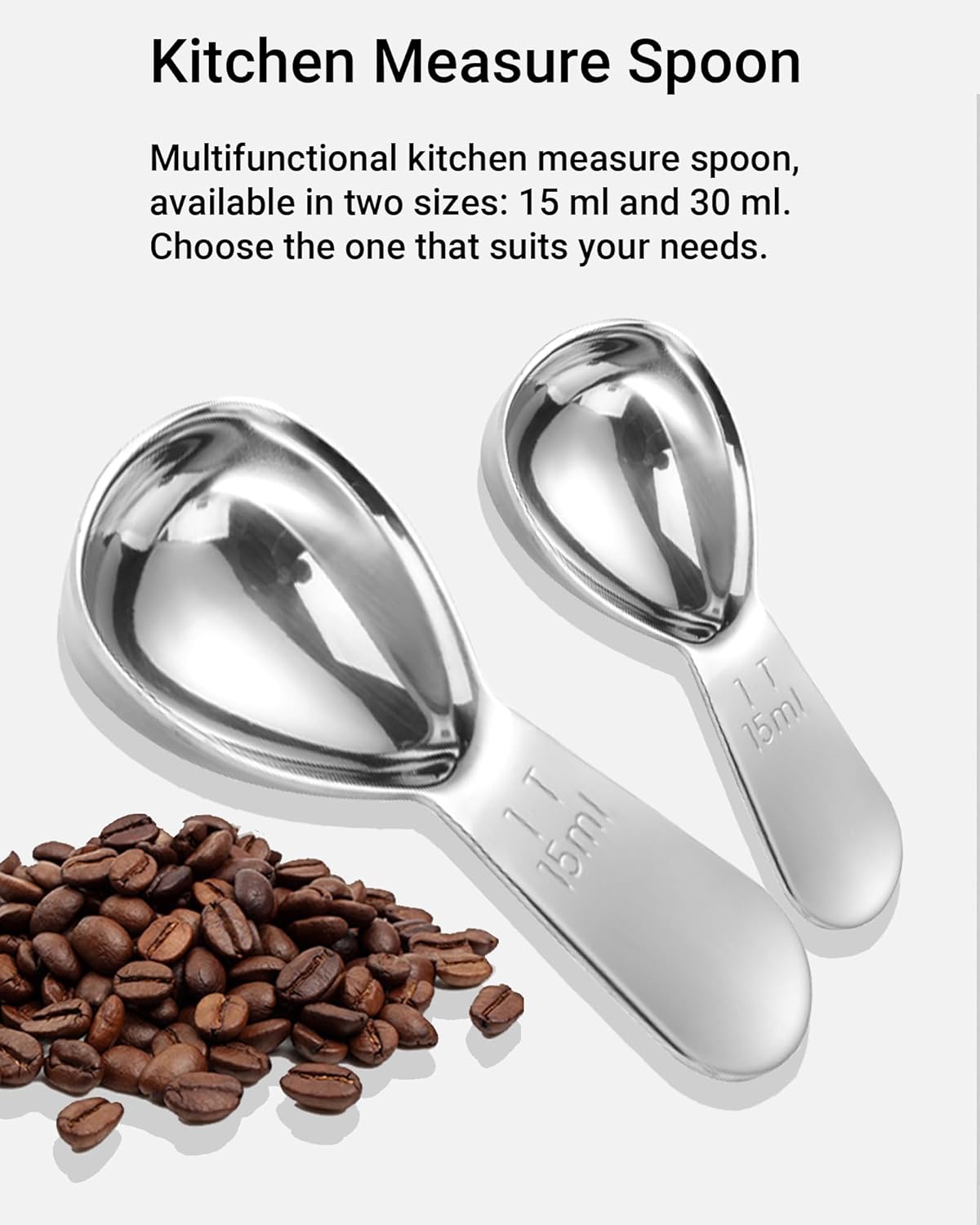 Coffee Scoop 15ml 2PCS, 1 Tablespoon Measuring Spoons, Ergonomics Design Coffee Scooper Stainless Steel Manufacture，Coffee Scoop for Ground Coffee Protein Powder Sugar Cereal (Silver, 1 tbsp-15ml)