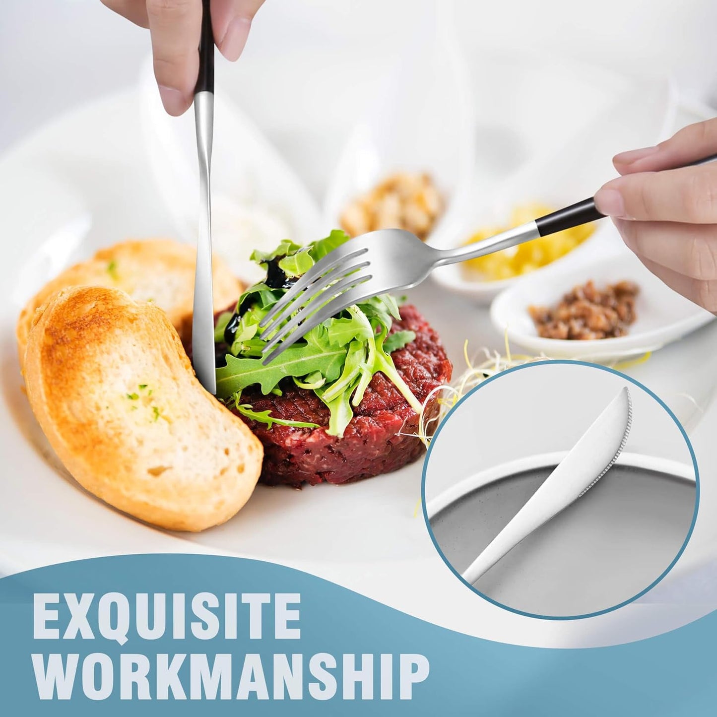 Lemeya Matte Black Silver Silverware Set for 4,Modern Stainless Steel Brushed Cutlery Set,20-Pieces Heavy Duty Flatware Set,Knives Spoons and Forks Set Utensils Set, Satin Finish, Dishwasher Safe