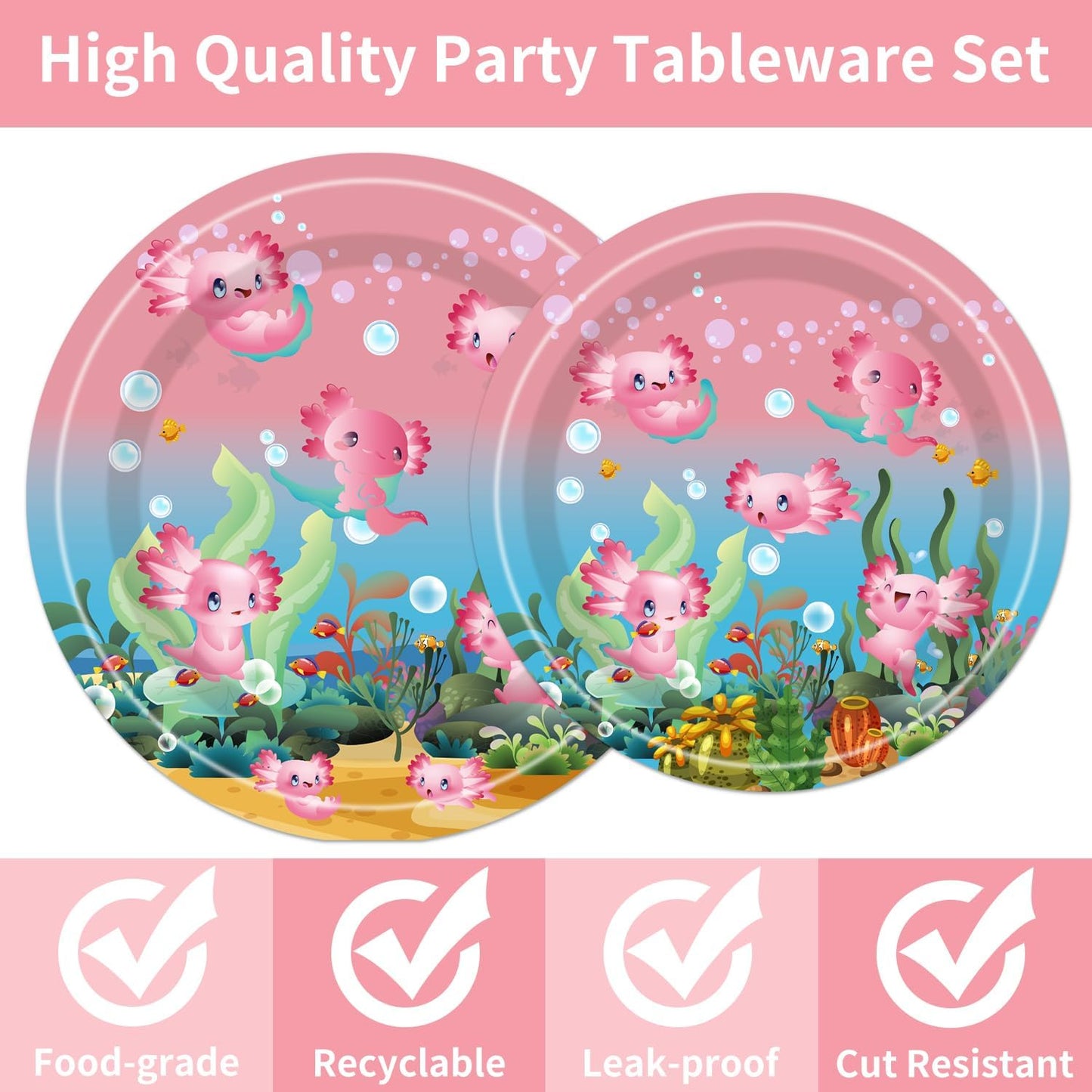 96pcs Axolotl Birthday Party Supplies - Pink Reptile Animals Axolotl Plates Napkins Forks Disposable Tableware Set Girl Axolotl Party Decorations Serves 24 Guests