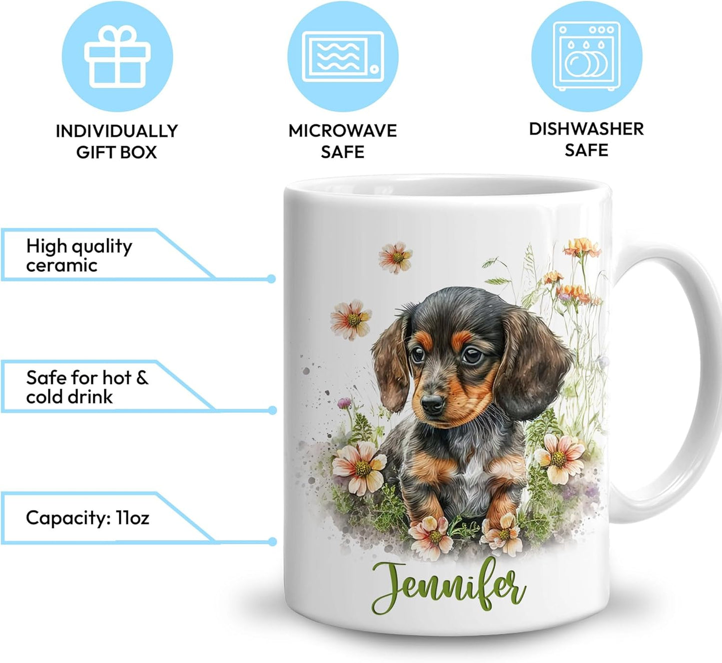 Hyturtle Personalized Gifts Dachshund Lover - Just A Girl Who Loves Dachshunds Custom Name Ceramic Coffee Mug Cup 11oz - Idea Cute Dog Lover Gifts For Women, Girl On Birthday, Christmas