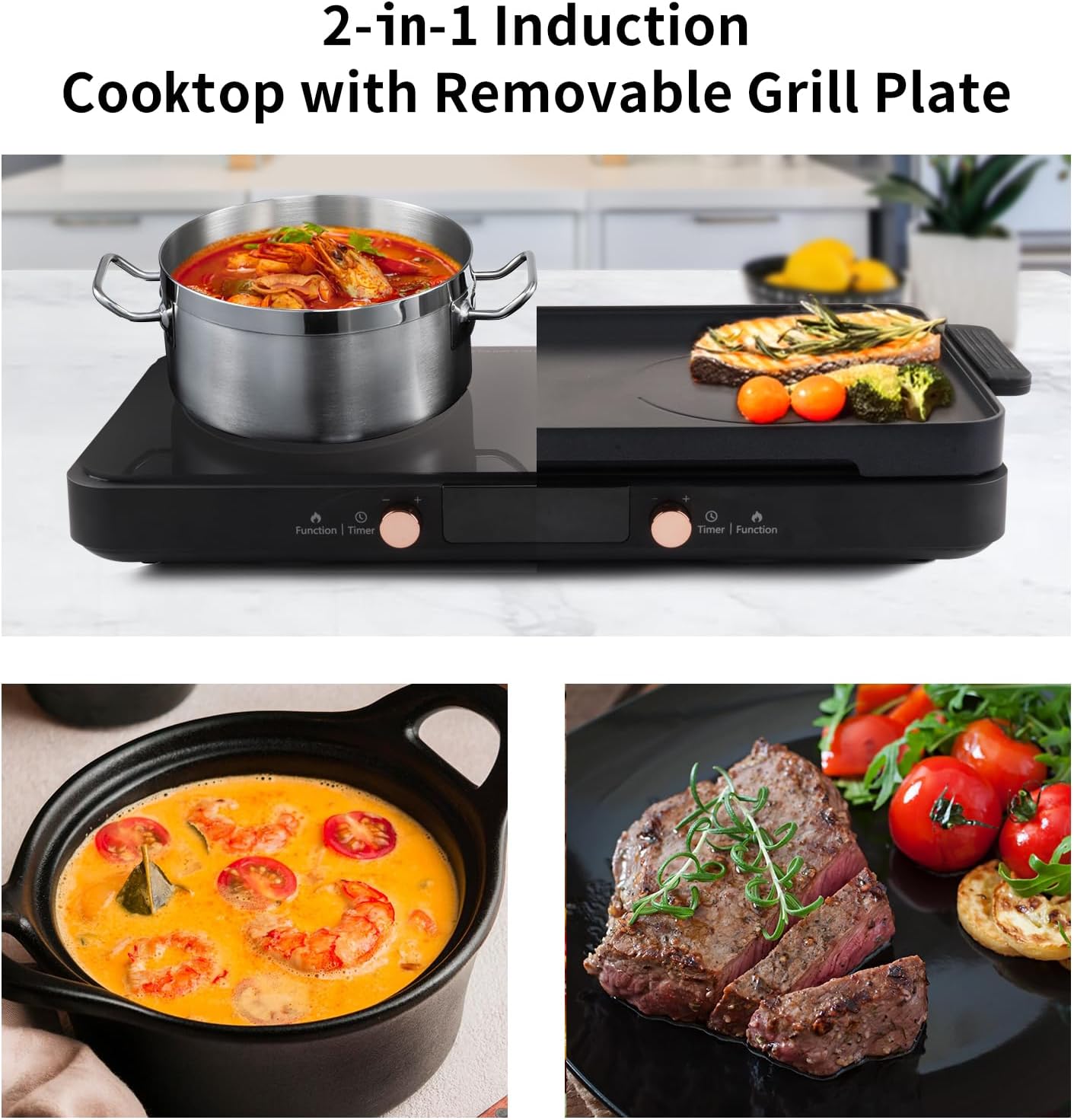 Double Induction Cooktop, 1800W Electric Stove Top Burner with Removable Non-Stick Griddle Pan, 2 Induction Burners, 11 Temperature & Power Levels, 3-Hour Timer, Black