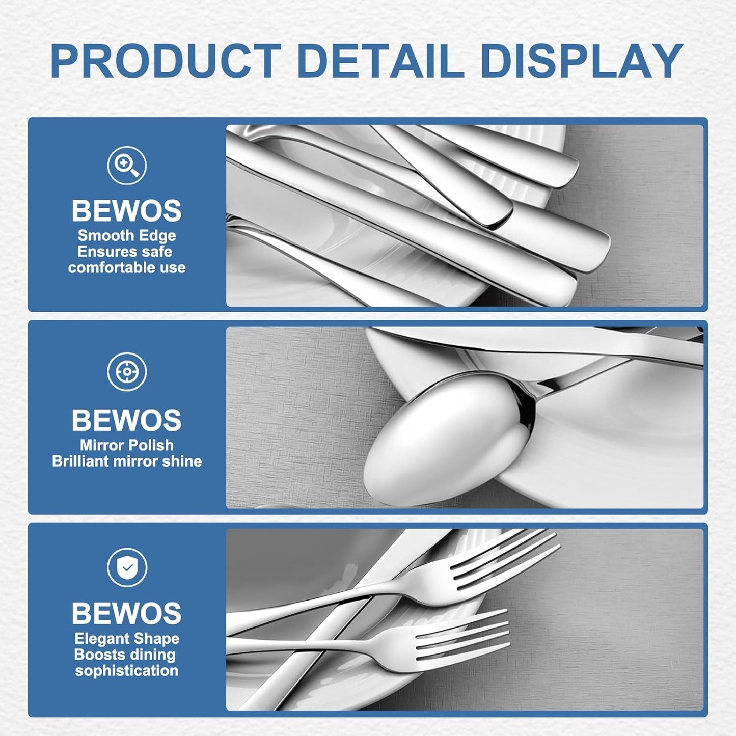 BEWOS 60 Piece Silverware Set - Stainless Steel Silverware Sets for 12 Include Spoon, Forks, Knives, Mirror Polished Flatware Set for Home, Kitchen, Restaurant, Dishwasher Safe