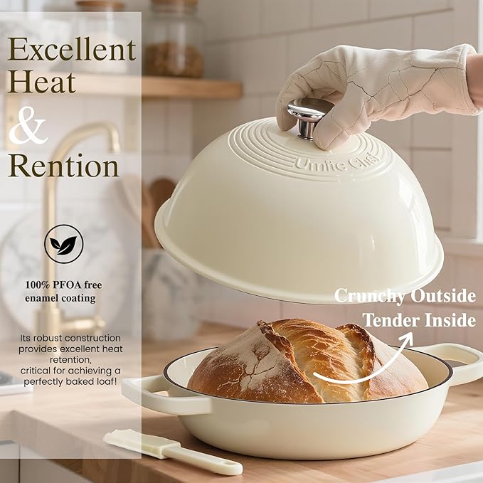 Enameled Round Cast Iron Bread Oven, 6 Qt Cast Iron Dutch Oven for Homemade Sourdough Bread Baking, Bread Pot with Dome Lid & Cotton Potholders (Cream White)