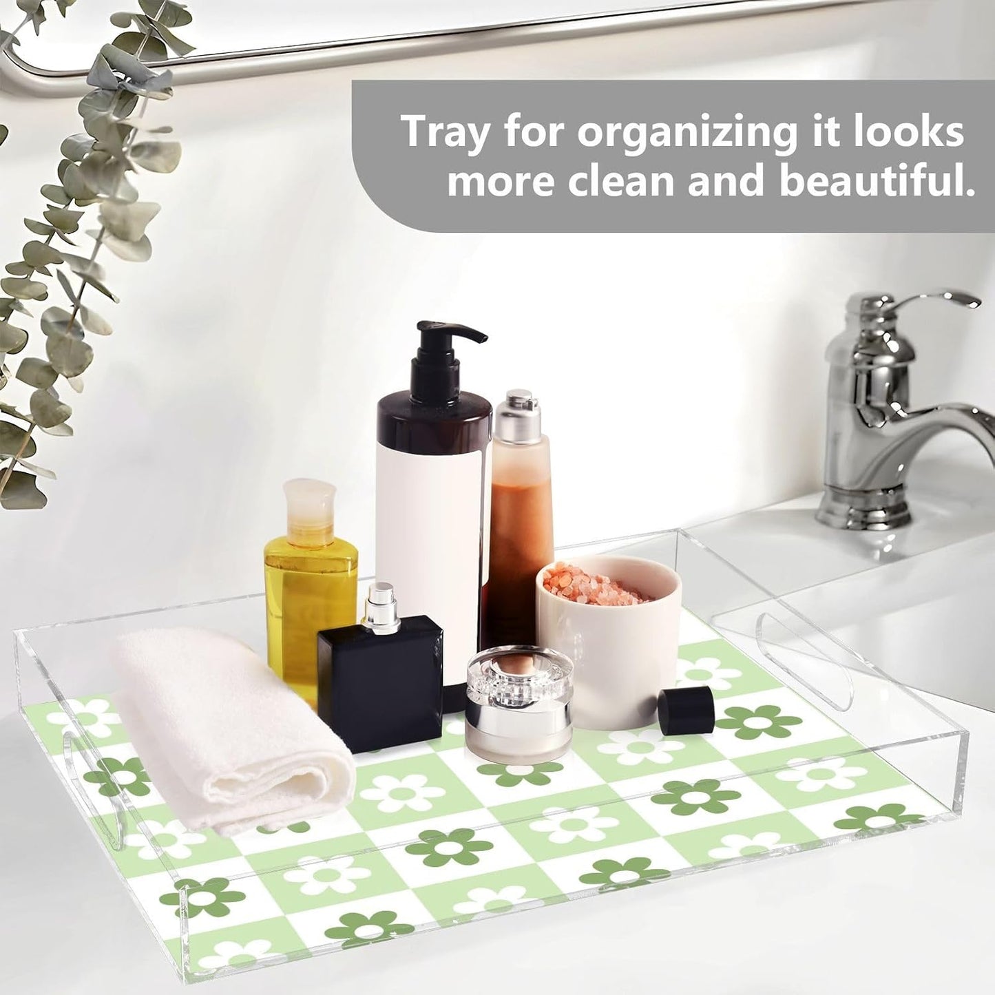 Acrylic Serving Tray with Handles Spill Proof Kitchen Storage Tray Clear Decorative Tray Makeup Drawer Organizer Storage Tray for Bathroom Living Room Ottoman 15.7x11.8Inches