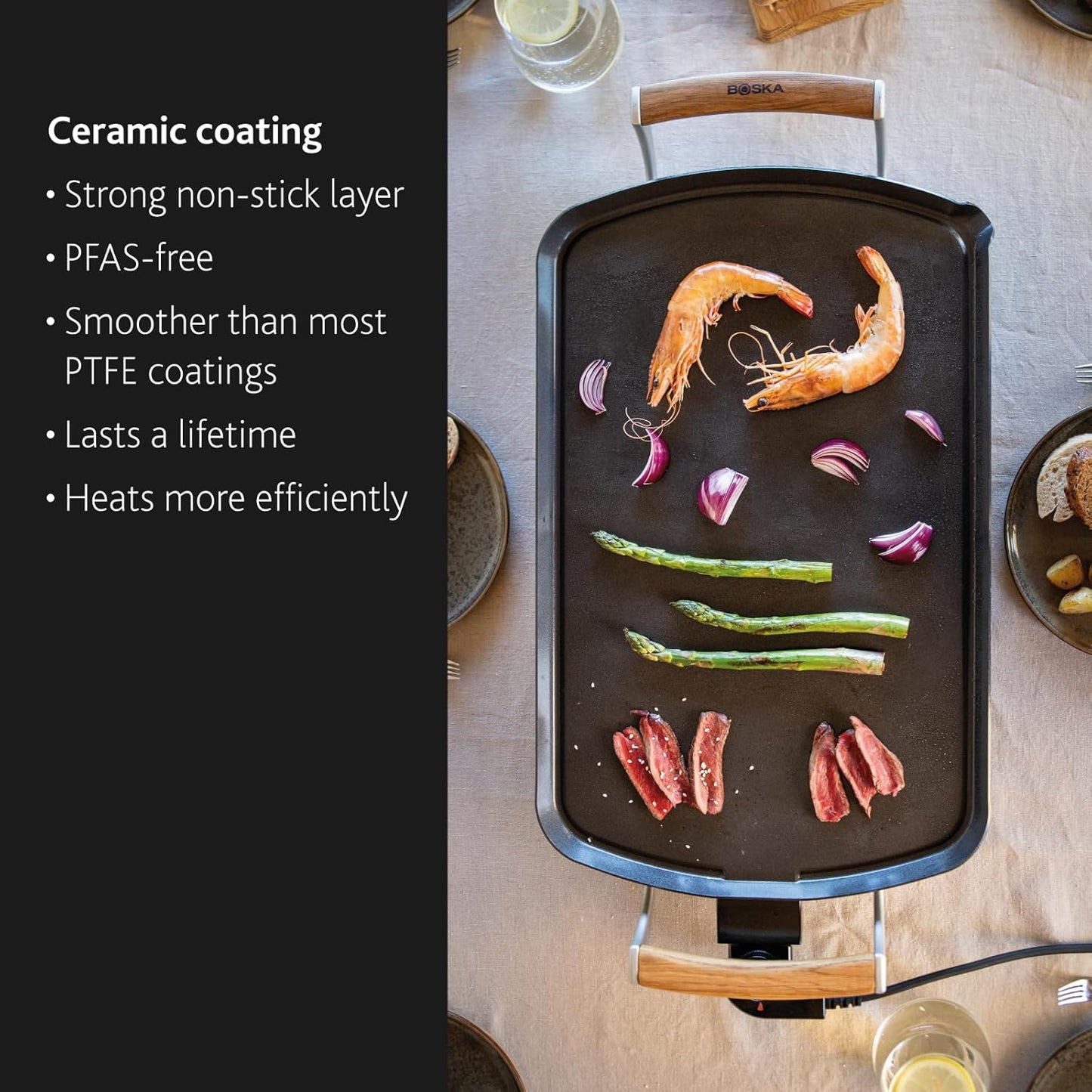 Boska Electric Griddle Pro – PFAS-Free Ceramic Nonstick Surface – Adjustable Heat up to 420°F – Grease Drain Spout – Oak Wood Handles – Black