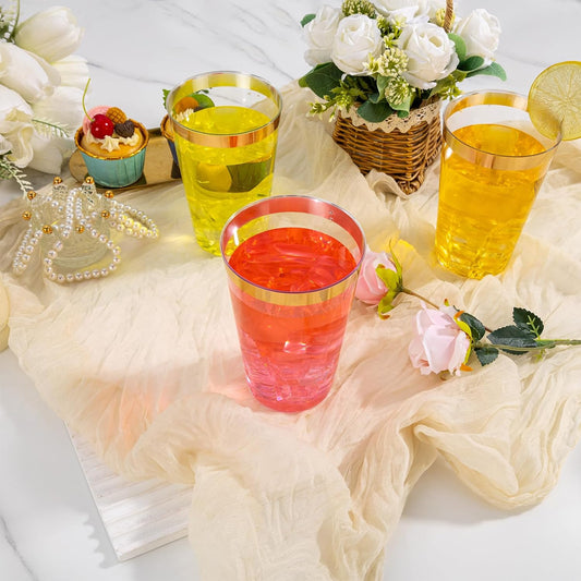 I00000 100 Pack 20 oz Gold Plastic Cups, Elegant Gold Rimmed Plastic Cups, Disposable Cocktail Glasses Wine Glasses, 20 oz Premium Tumblers Perfect for Birthday, Party & Wedding