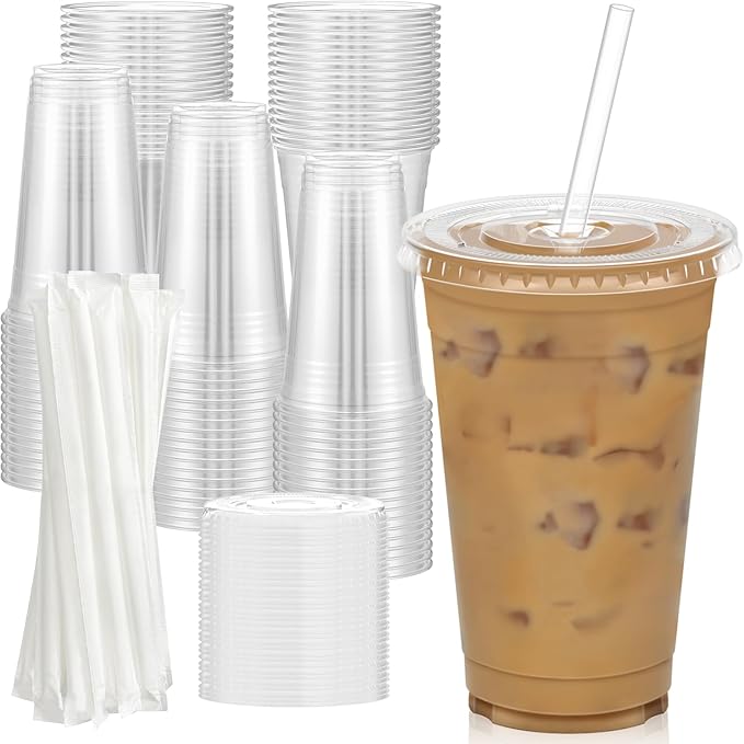 100 Pack - 20 oz Clear Plastic Cups with Lids and Straws, Sturdy & Food Safe Iced Coffee Cups with lids, Disposable Plastic Smoothie Cups for Cold Drinks