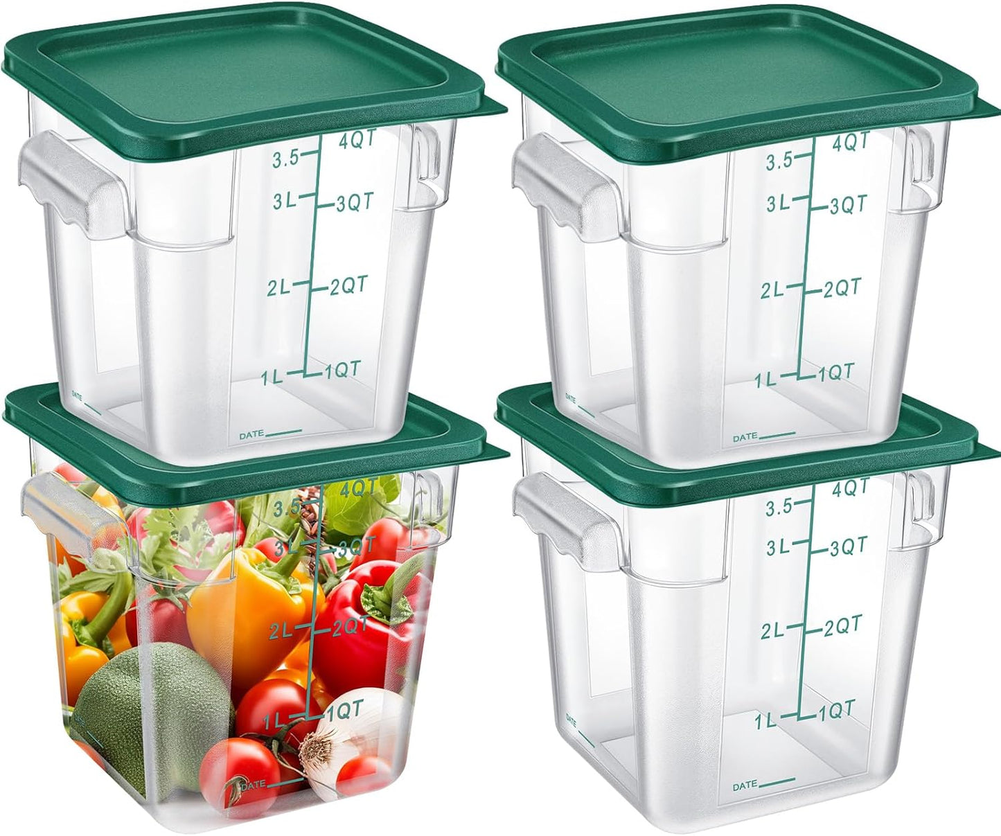 Maxcheck 4 Pcs 4Qt Food Storage Container with Lids Set Square Clear Commercial Containers with Scale and Handle Space Saving for Home Kitchen Restaurant Proof Dough Marinating Meat (Green)