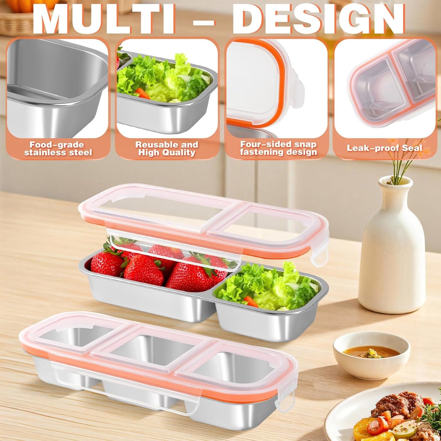 2 Pack Stainless Steel Snack Containers, Reusable 3 Compartment + 2 Compartment Condiment Box with Lids snack box, Food Storage Lunchable Containers for Home, School, Work, Travel