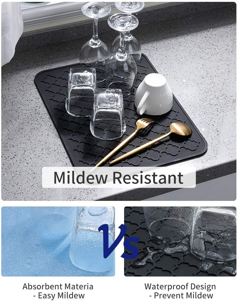 AMOAMI Dish Drying Mat,Heat-resistant,Easy Clean,Silicone Dish Drying Mats for kitchen Counter,Kitchen Gadgets Kitchen Accessories Kitchen Small Appliances (16" x 18", BLACK)