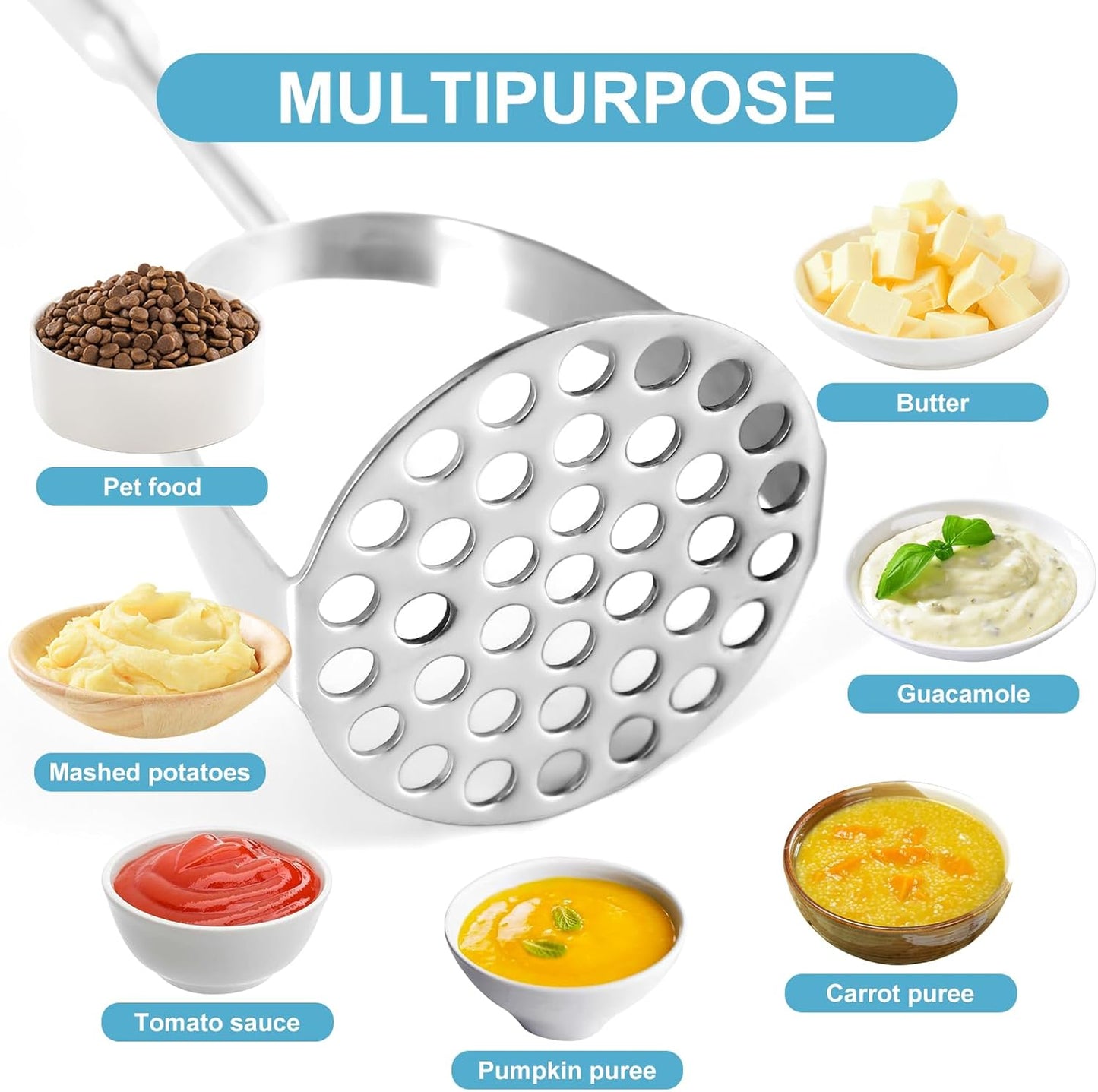 Potato Masher Stainless Steel - Mashed Potato Masher Kitchen Utensil，Potato Smasher For Potatoes, Bean, Vegetable & Fruits，Pet Food, Heavy Duty Metal Avocados Smasher Tool, Dishwasher Safe, 14 Inch