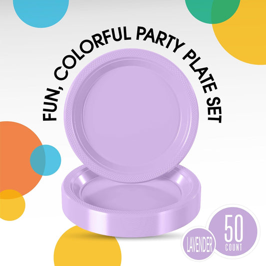 Exquisite Party Solids Lavender Plastic Plates For Party Supplies 7" Lavender Disposable Plates Heavy Duty 50 Pcs Plastic Dinnerware Sets Heavy Duty 350 GSM Disposable Dinnerware Set