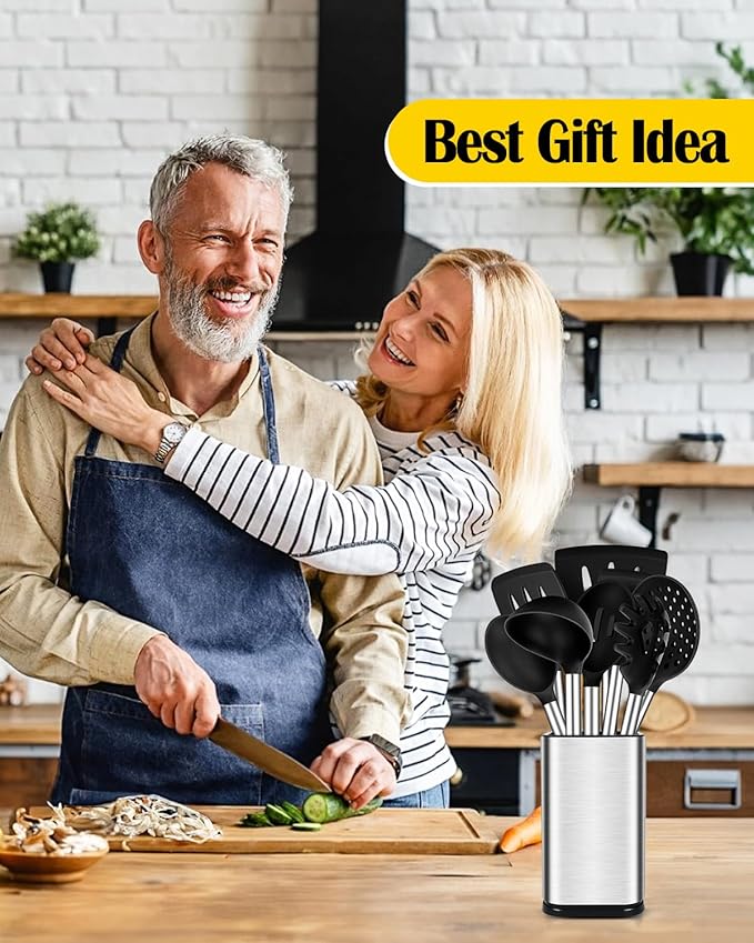 Silicone Cooking Utensil Set, 8Pcs Non-stick Cookware with Stainless Steel Handle, BPA Free Heat Resistant Kitchen Tools with Spatulas, Turners, Spoons, Skimmer and Pasta Fork