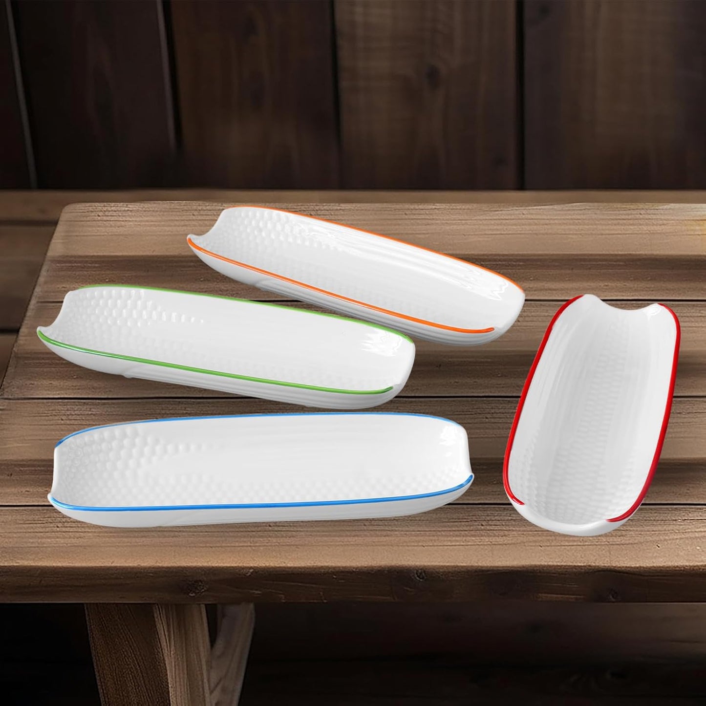 Cinf Colorful Side Ceramic Corn Cob Holders 8.8" Corn Dishes Set of 4, White Dishes Non-slip Bottom Microwave Dishwasher Oven Safe