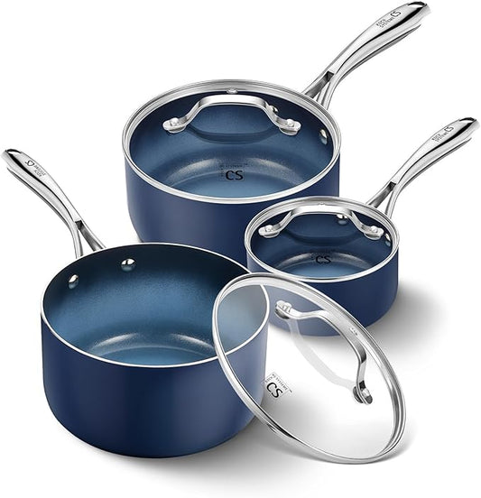 KOCH SYSTEME CS Nonstick Sauce Pan with Lid 1QT & 2QT & 3QT, 6pcs Nonstick Saucepan Set with Cool-Touch Handles, Pot Set with Ceramic Coating, Induction Compatible Sauce Pan, Oven Safe, Gradient Blue