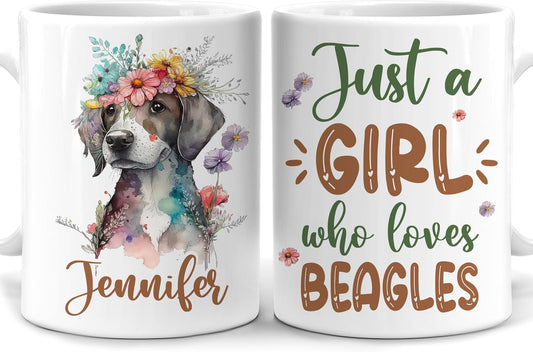 Hyturtle Personalized Gifts Dog Lover - Just A Girl Who Loves Beagles Custom Name Ceramic Coffee Mug Cup 11oz - Idea Cute Dog Lover Gifts For Women, Girl Daughter On Birthday, Christmas