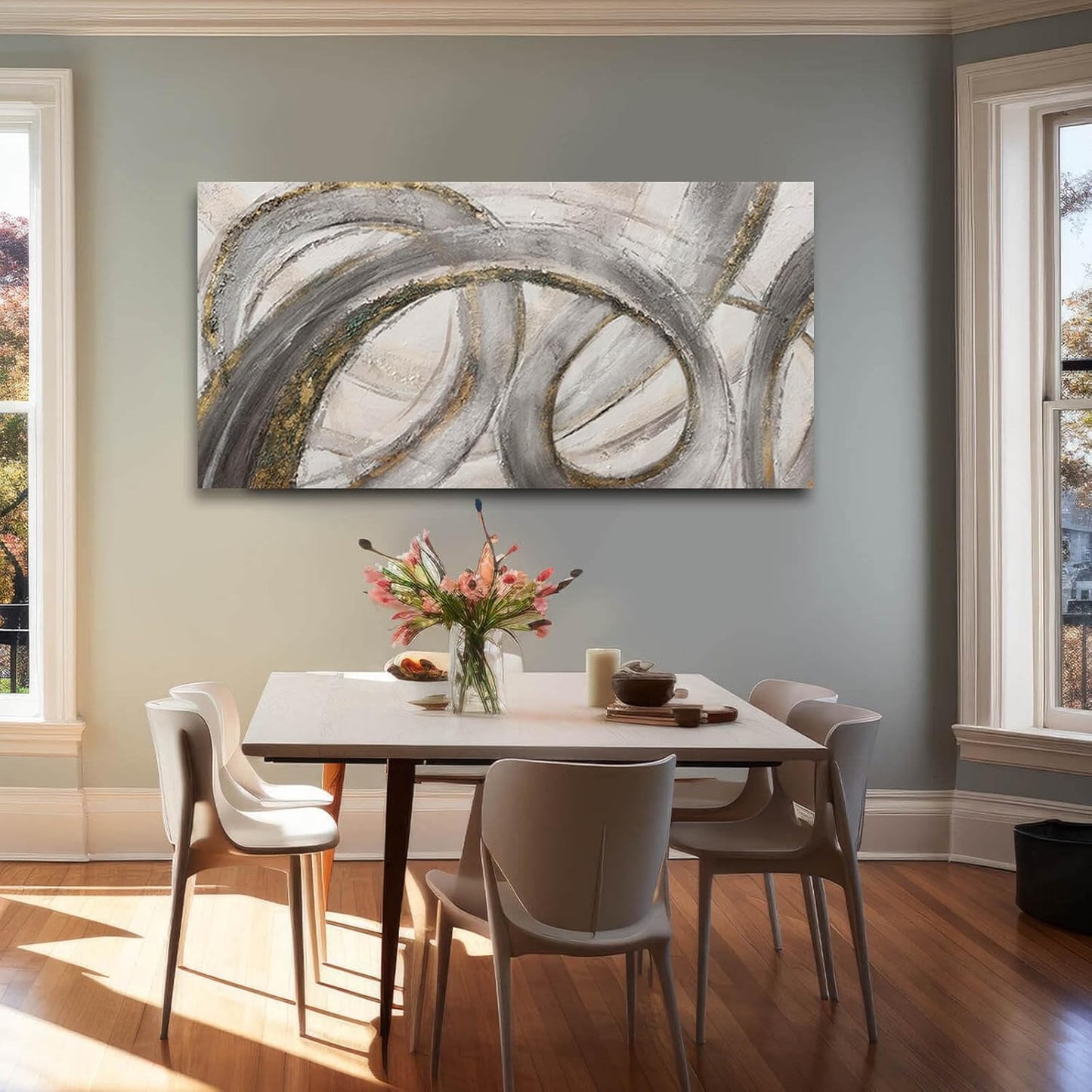 VAYIMDH Grey Modern Artwork Black with Gold Line Abstract Wall Decor Canvas Painting Office Wall Hanging Picture for Living Room 24"x 48" Neutral Wall Art