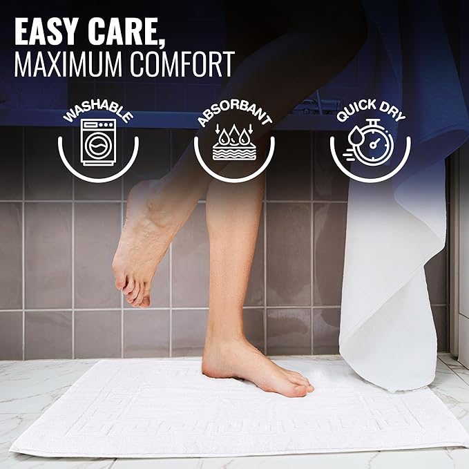 Bulk Hotel Bath Mats – 48 Pack (20x30) Economy White Poly Cotton Bath Mat – 4 Dozen Lightweight, Quick-Dry, Anti-Slip, Machine-Washable Mats for Hotels, Gyms, Spas & Commercial Use