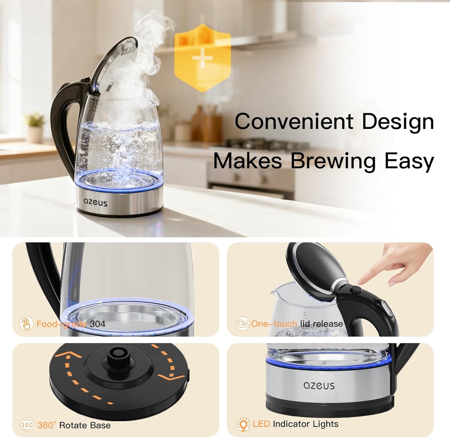 Azeus 1.8L Electric Kettle CX-817 - Fast Boil, Auto Shut-Off, Boil-Dry Protection, 360° Swivel Base - Stainless Steel Water Boiler for Tea, Coffee, and Hot Water