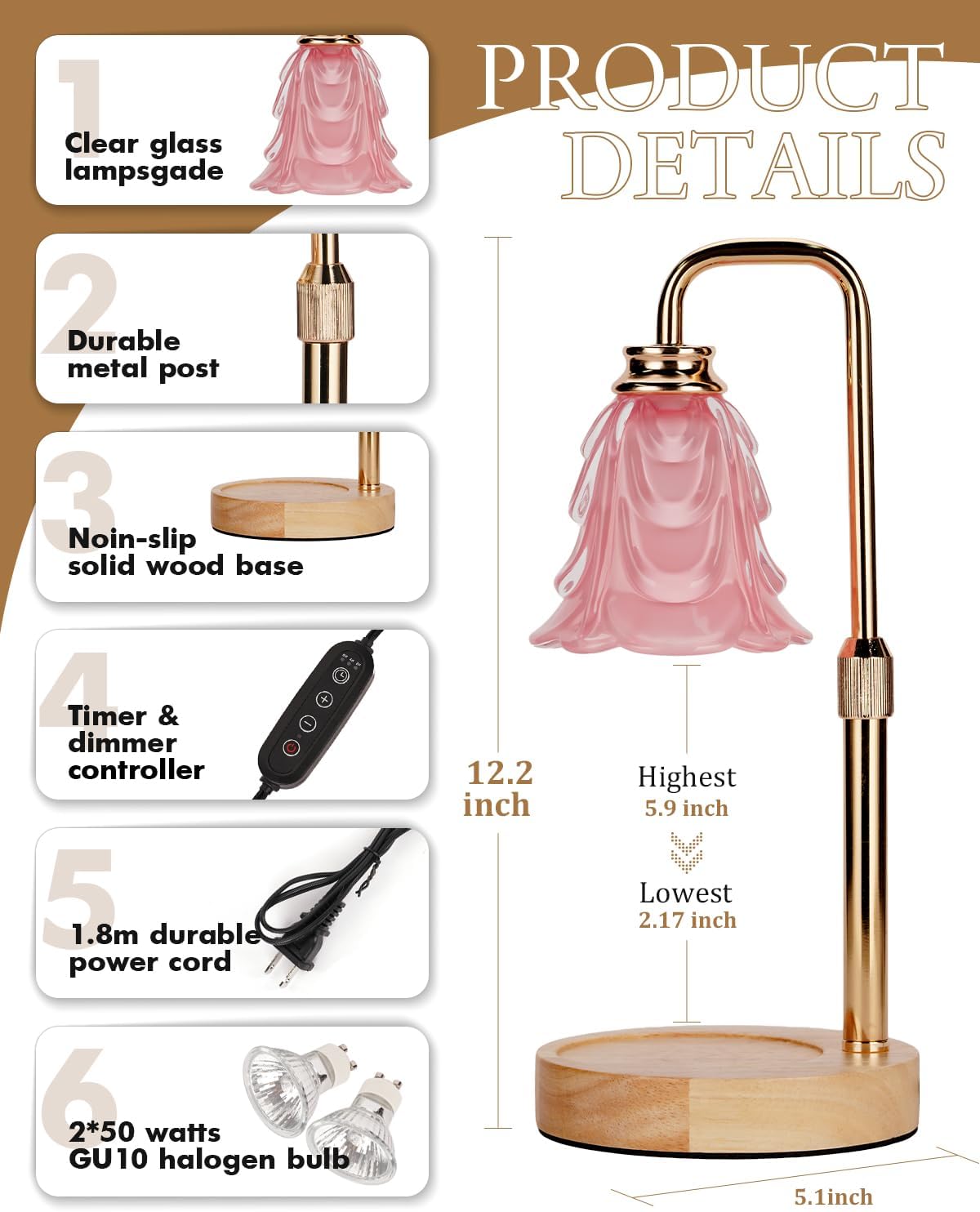 Small Candle Warmer Lamp with Timer, Adjustable Pink Flower Candle Heat Lamp, Unique Women's Gifts for Birthday, Dimmable Candles Heater, Christmas Gifts, Fashion Wax Warming Light with Wood Base