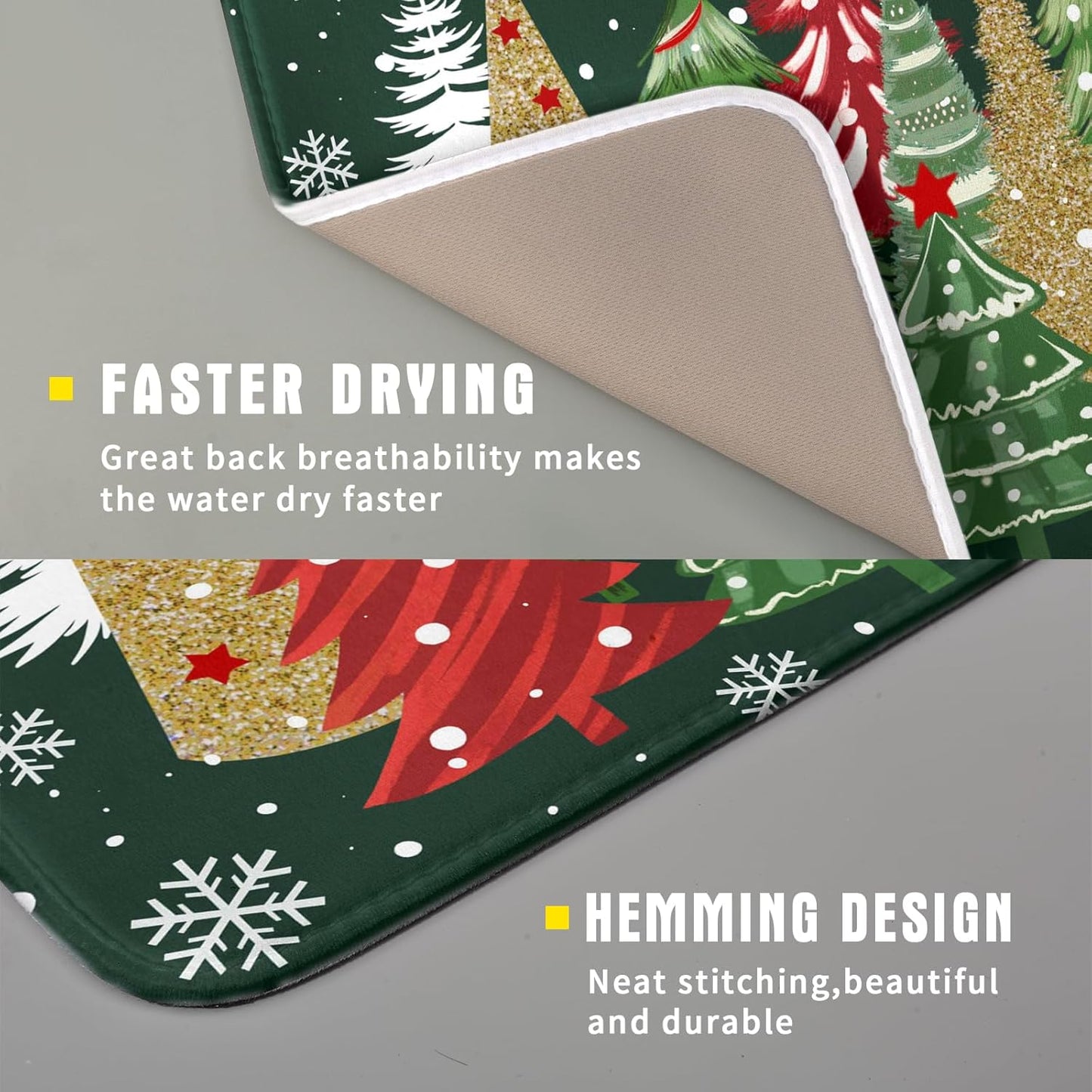 Christmas Green Dish Drying Mats 16x18 Inch, Farmhouse Gold Red Xmas Pine Trees Winter Holiday Absorbent Fast Dry Microfiber Dishes Drainer Rack Pad Farmhouse Rustic Holiday Kitchen Decor