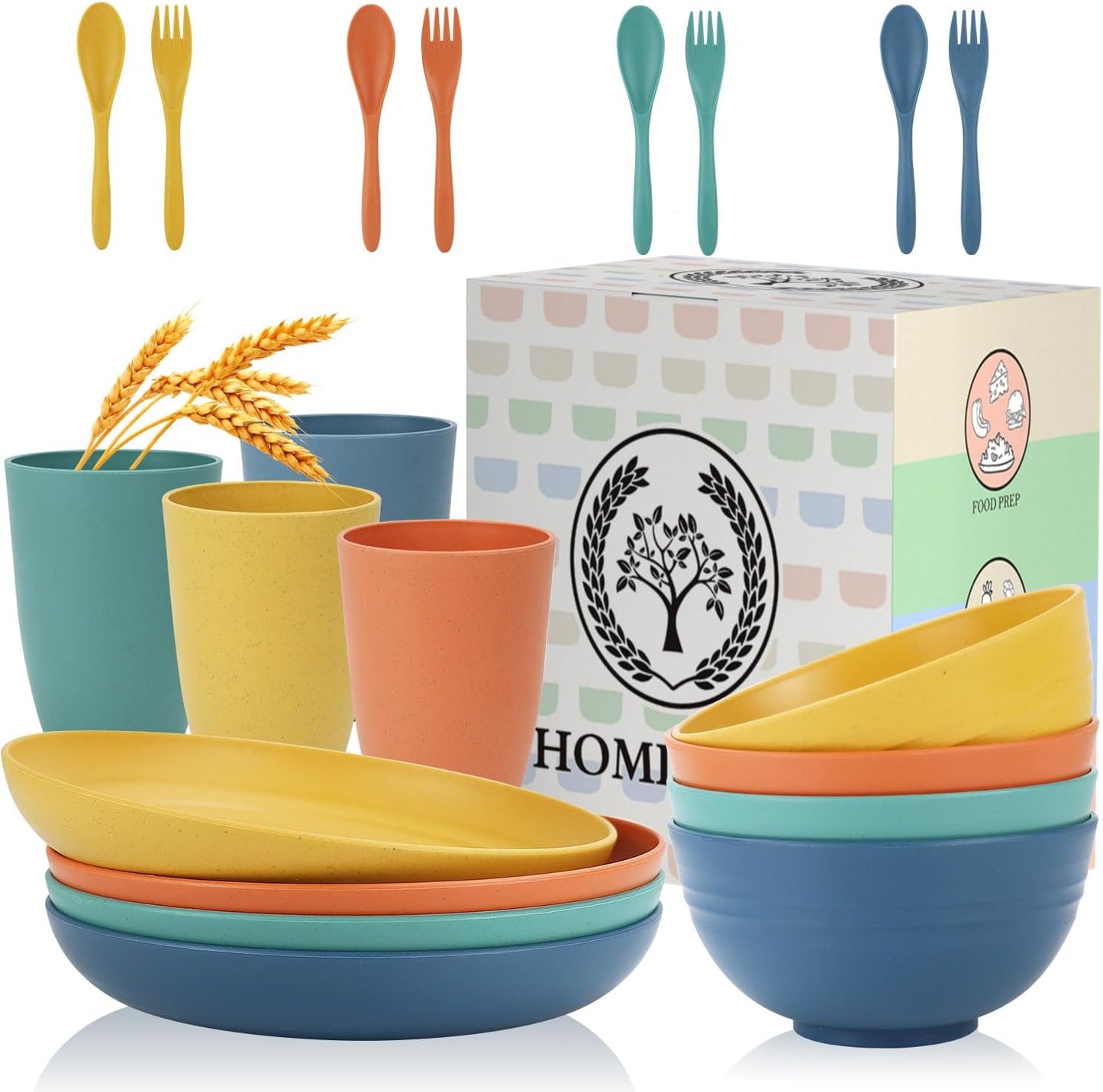Homienly Wheat Straw Plates and Bowls Sets, 20 PCS Dishes Dinnerware Sets,Unbreakable Microwave and Dishwasher Safe Dish Set, Reusable Kids Plates and Bowls Sets for Kitchen, Outdoor, RV (Multicolor)