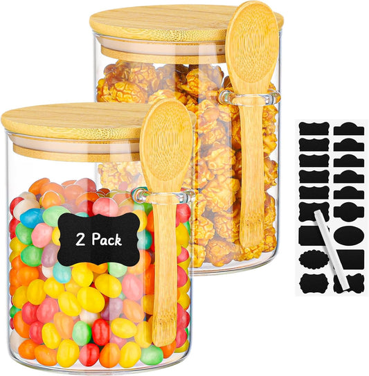 Glass Jars with Bamboo Lids and Spoon - 2 Pack 26 Fl.oz Round Glass Pantry Storage Containers Set, Includes Labels and Marker, Loose Leaf Tea Canister Jar for Sugar, Flour, Beans, Nuts, Oats