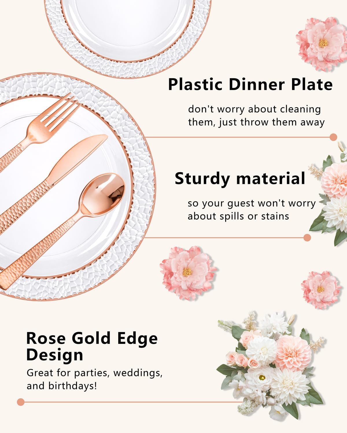 Ciaell 350PCS Rose Gold Plastic Plates - Clear Rose Gold Disposable Plates with Plastic Silverware include 100Plates, 150Silverware, 50Cups, 50Napkins for Wedding & Party & Baby Shower