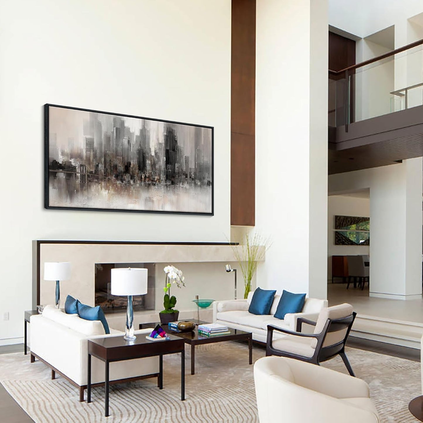 Nyc Skyline Painting Wall Art Grey Buildings Picture for Living Room Modern Home Bedroom Decoration Black and White and Brown Framed Artwork Decor