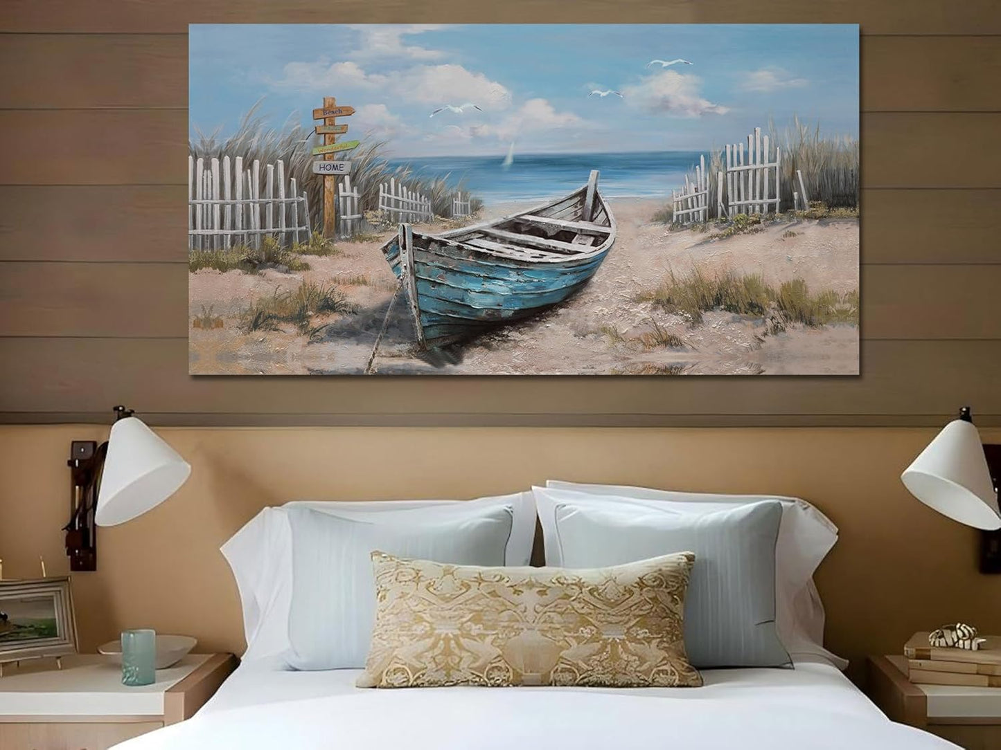 Ardemy Boat Canvas Wall Art for Living Room Large Teal Bedroom Pictures Wall Decor Textured Beach Paintings Artwork Dining Room Home Office Kitchen, 48"x24"