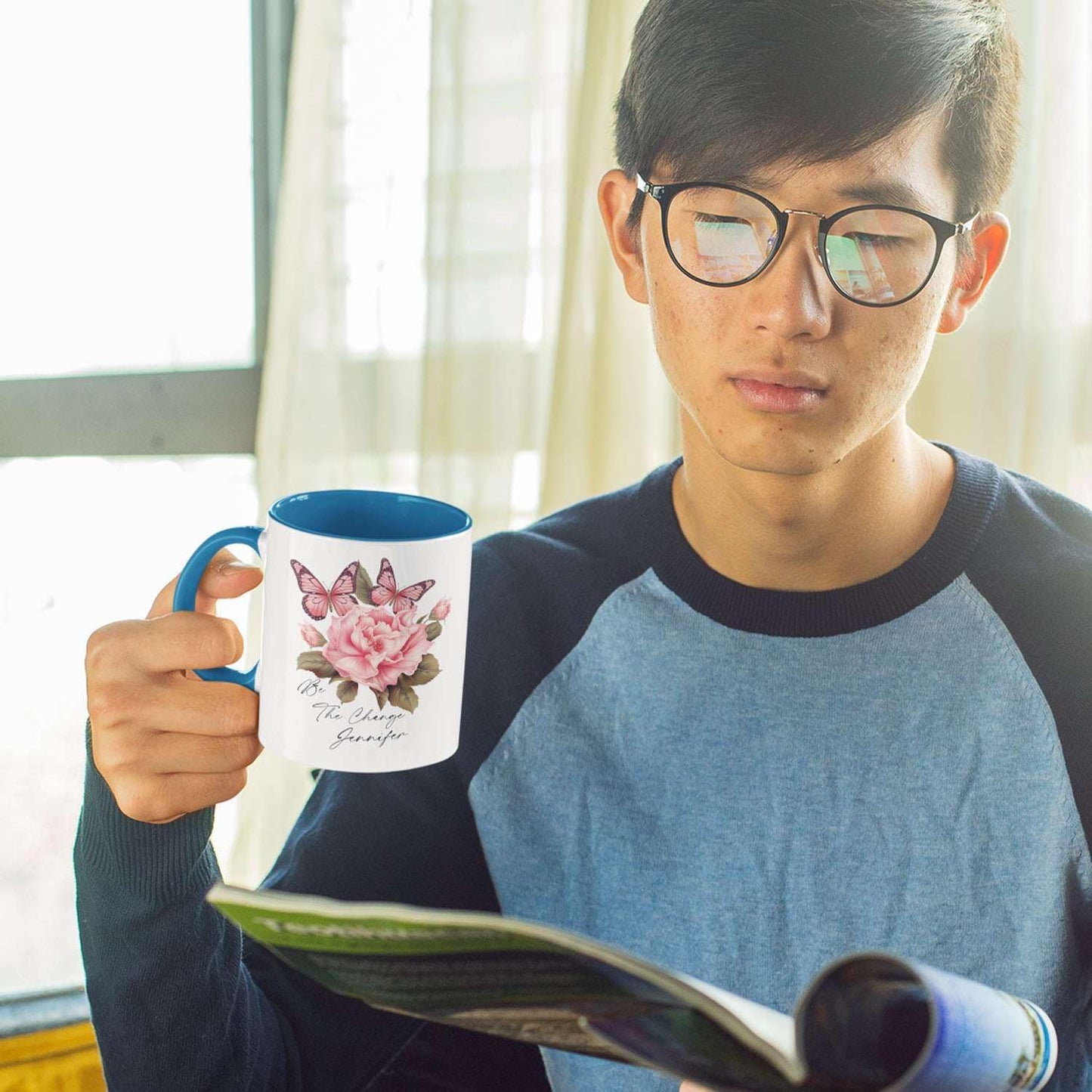 Great Custom Be The Change Tea Cups, Personalized Name On Porcelain Butterfly Travel Mug With Flowers Details, Customized Colorful Butterfly Coffee Cup For Animal Lover On Birthday