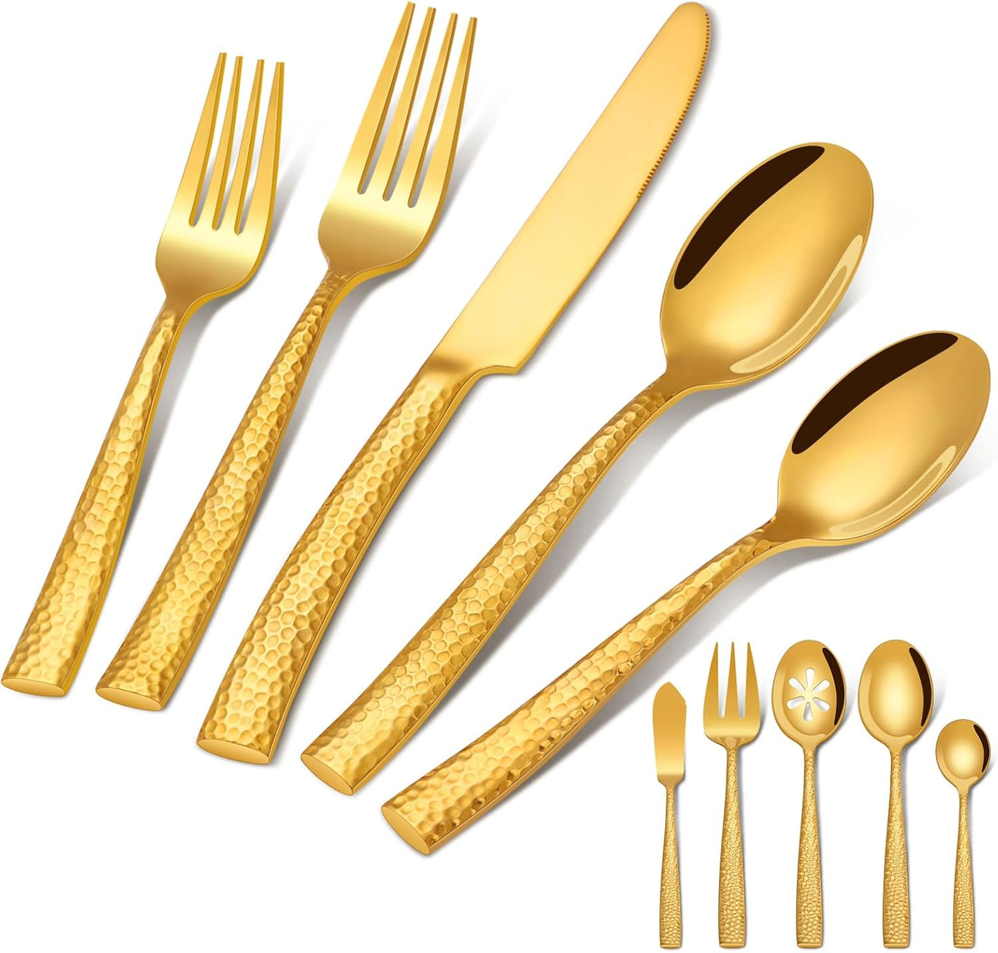 45-Piece Silverware Set with Serving Utensils, Ollex Durable Stainless Steel Gold Hammered Flatware Set for 8 with Knives Forks Spoons Large Serving utensil Set for Home Restaurant, Dishwasher Safe
