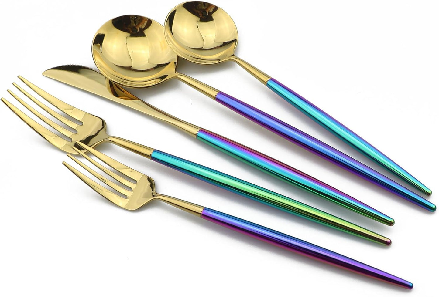 5-Piece Coloful Rainbow Handle Gold Flatware Set, Mirror 18/10 Stainless Steel, Service for 1