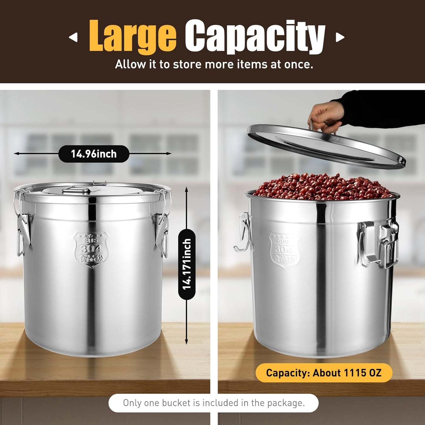 33L Stainless Steel Storage Bucket, Food Storage Containers With Lids and Sturdy Locking Clamp, 10-21lbs Metal Storage Bucket for Rice, Flour, Grain, Coffee Bean(33L)