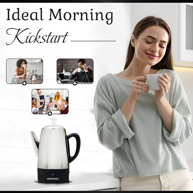 Mixpresso 10 Cup Percolator Coffee Pot Electric, Stainless Steel Coffee Percolator Electric With Keep Warm Function, Classic Perculator Pot With Removable Basket for Home or Office